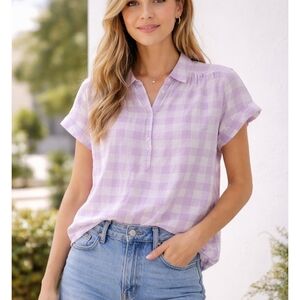 Loft Women's Gingham Lightweight Linen Cotton Blend Short Sleeve Blouse XL